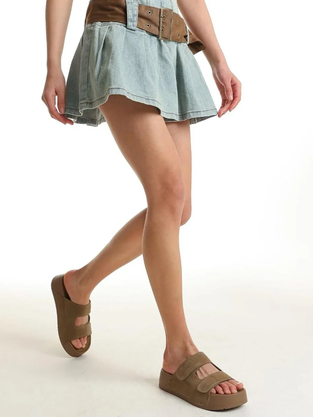 Women's Khaki Genuine Leather Slip on Beach Slide Buckle Platform Sandal Shoes